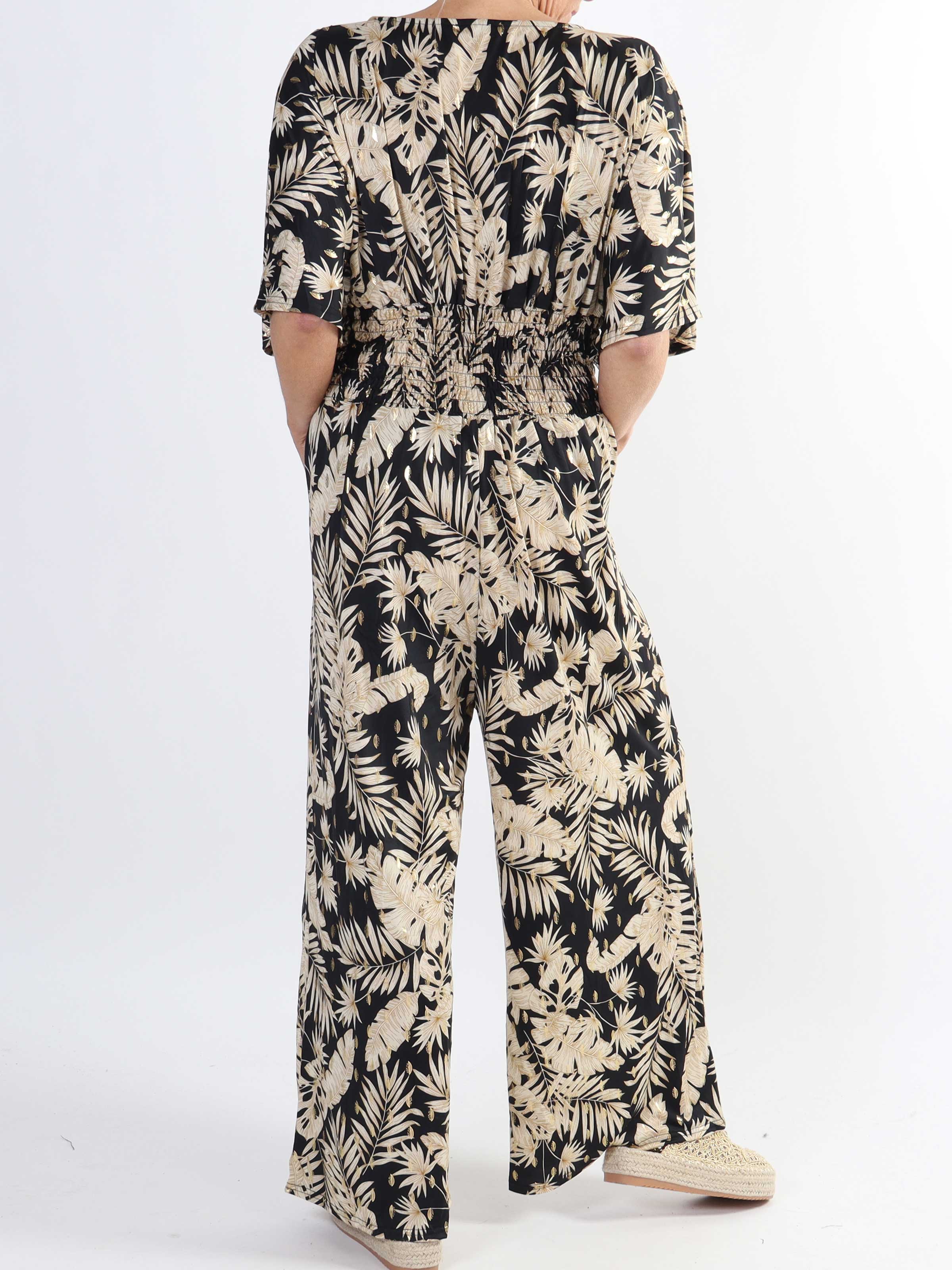 Pams Gold Leaf Jumpsuit - Jumpsuit med resår och bladmönster i stora storlekar - Black